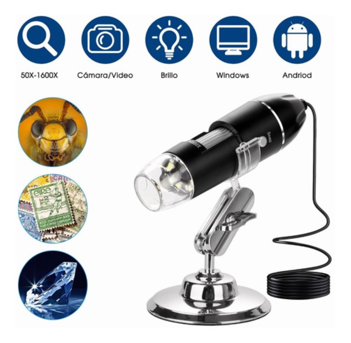3 En 1 Microscopio Digital Usb 1600x Zoom Optico Hd 8 Leds negro
