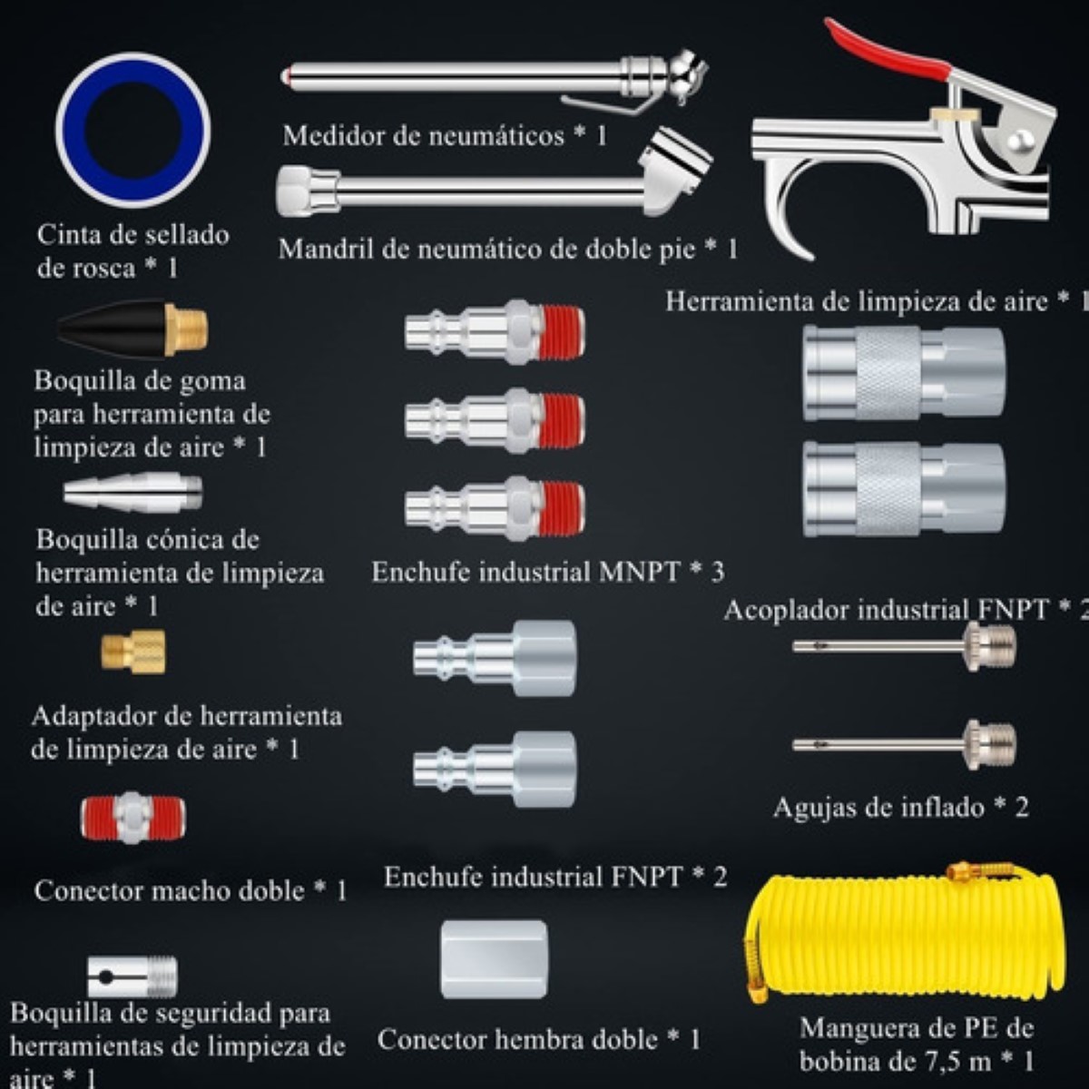 Kit De Accesorios Para Compresor De Aire, 20 Piezas amarillo/plata 