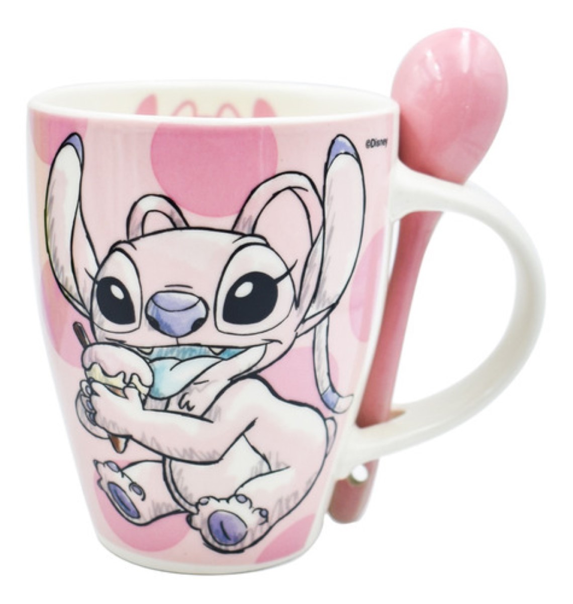 Set Tazas Stitch & Angel Disney Original Cerámica Con Cuchara, Color Rosa, Azul.