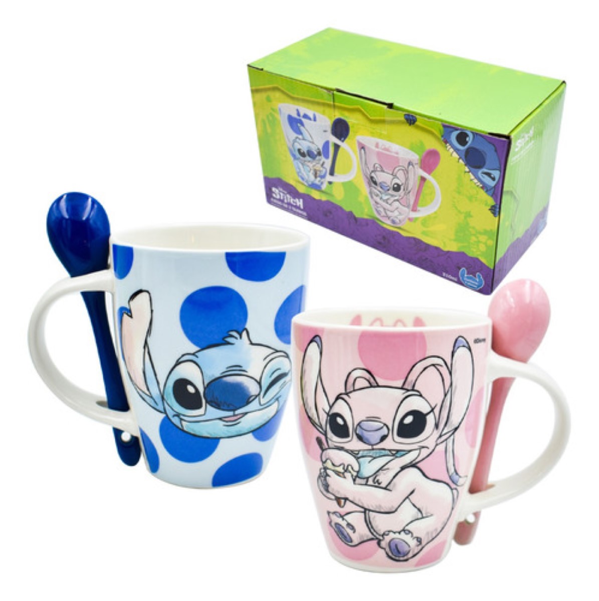 Set Tazas Stitch & Angel Disney Original Cerámica Con Cuchara, Color Rosa, Azul.