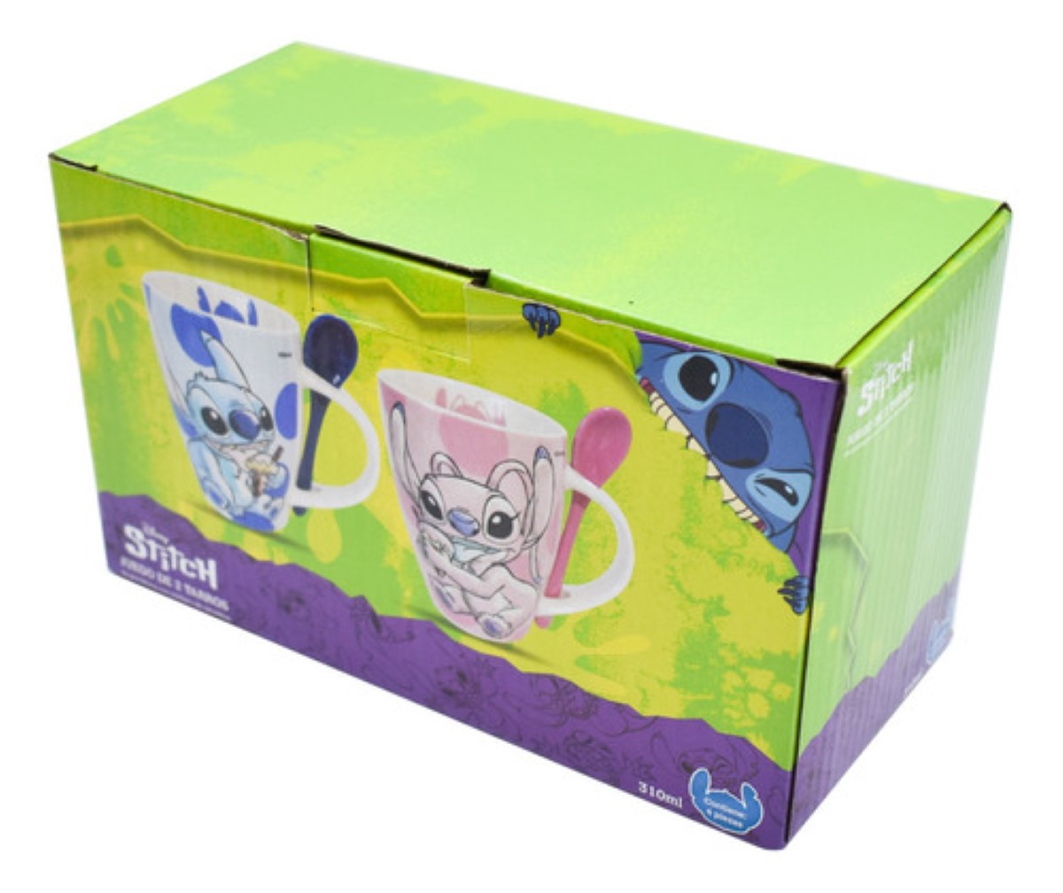Set Tazas Stitch & Angel Disney Original Cerámica Con Cuchara, Color Rosa, Azul.