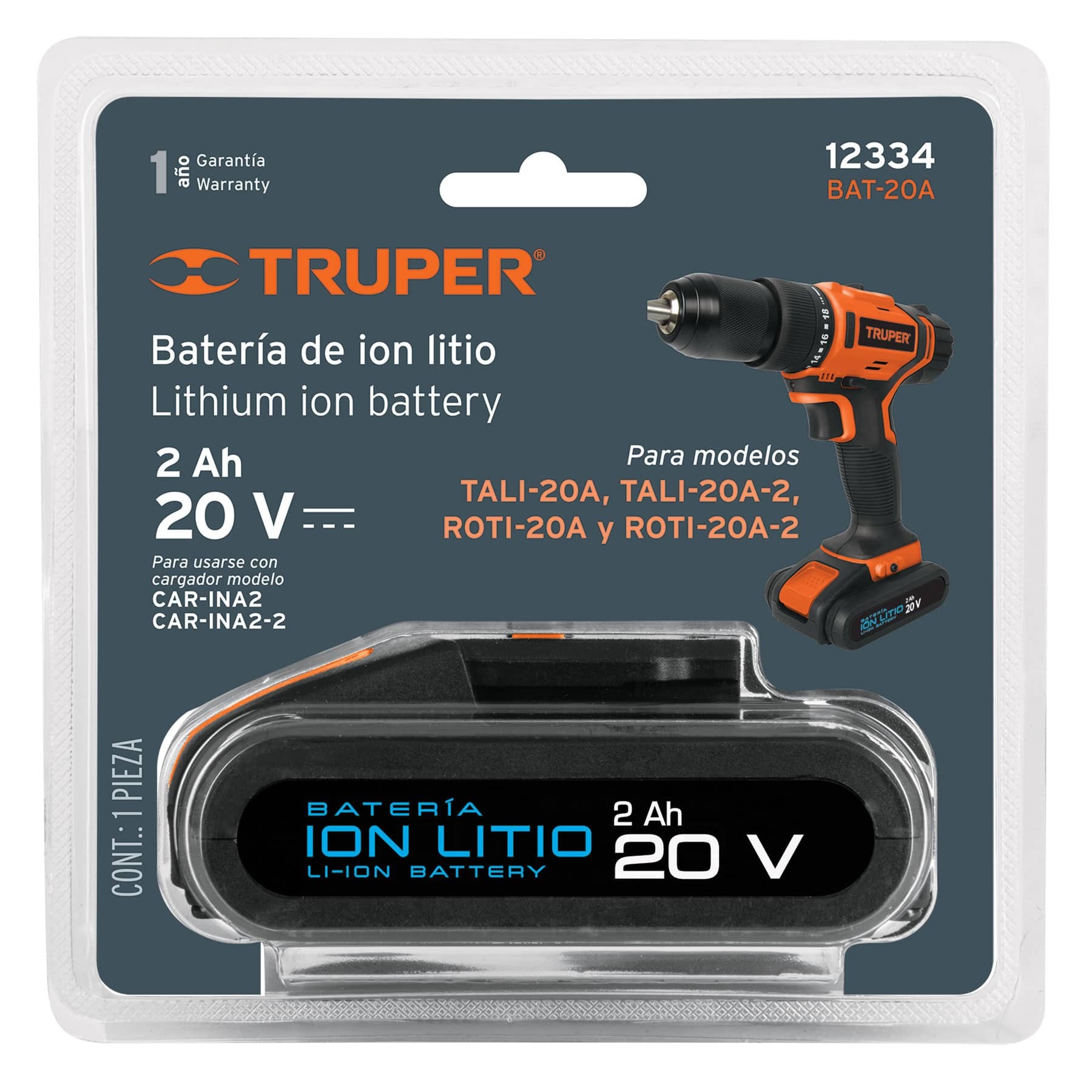 BATERÍA IÓN LITIO, 20 V PARA TALI-20A Y ROTI-20A, TRUPER 12334