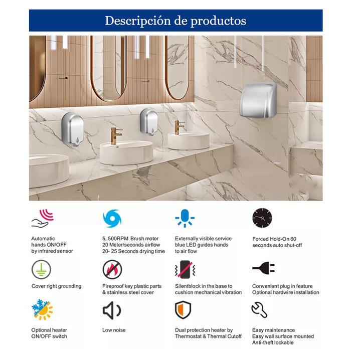 Secadores para los Baños MXSVI-004-6 4 Pzas Plata Mate con Sensor 20cm 2100W 110130V 60Hz 8A Tiempo de Secado 12 a 15 seg, DrySilver