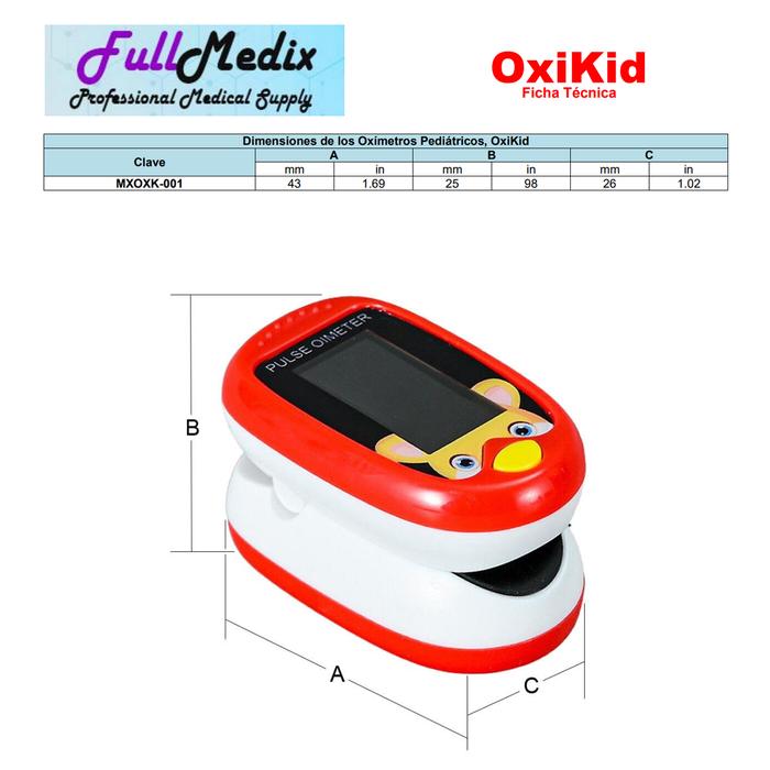 Oxímetros recargables MXOXK-001-27 1Pza Rojo Rango de Medición 70porciento -99porciento Spo2 30 240BPM mas menos 2BPM o mas menos 2porciento PR, OxiKid