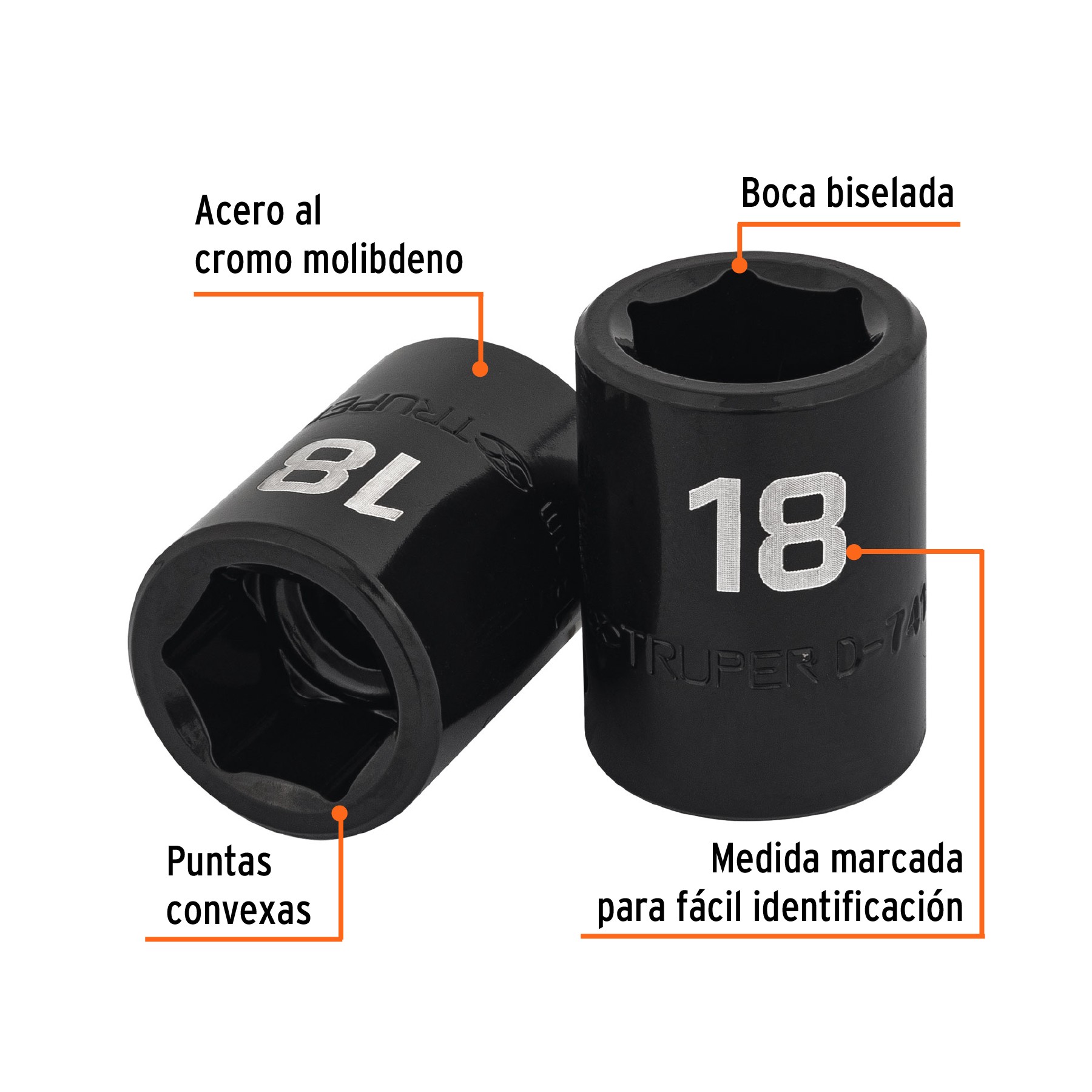 DADO CUADRO 1/2" DE IMPACTO 6 PUNTAS DE 18 MM, TRUPER 12418