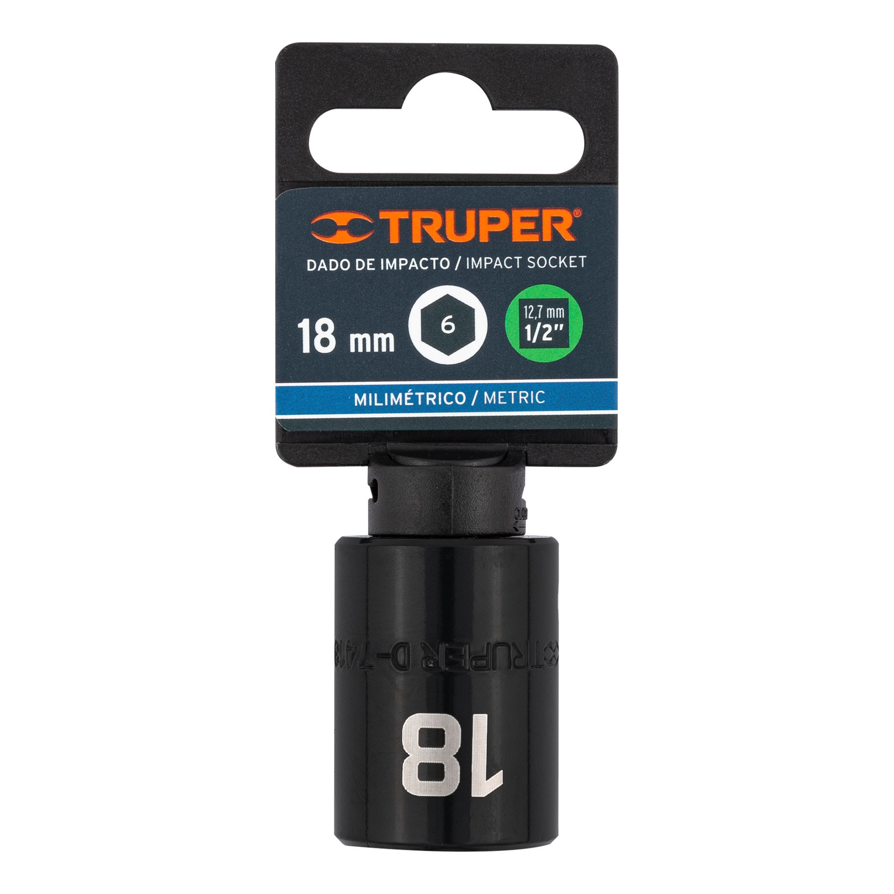 DADO CUADRO 1/2" DE IMPACTO 6 PUNTAS DE 18 MM, TRUPER 12418