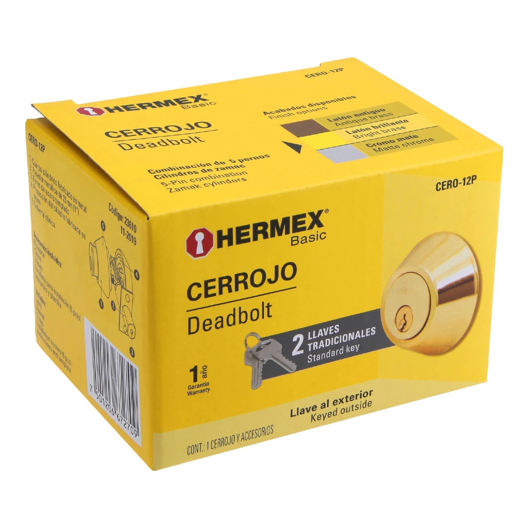 CERROJO LLAVE-LLAVE LATÓN BRILLANTE, LLAVE TRADICIONAL, HERMEX 23610