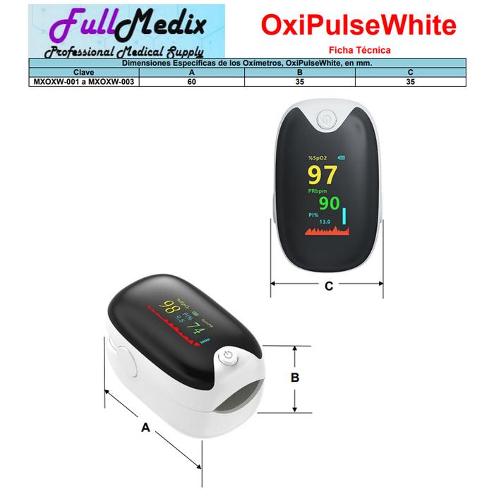 Tensiómetro de dedo MXOXW-003-8 3 pzas Blanco Rango de Medición 70porciento -99porciento Spo2 30BPM-240BPM mas menos 2BPM o mas menos 2porciento PR 2xAAA No Incluidas OxiPulseWhite