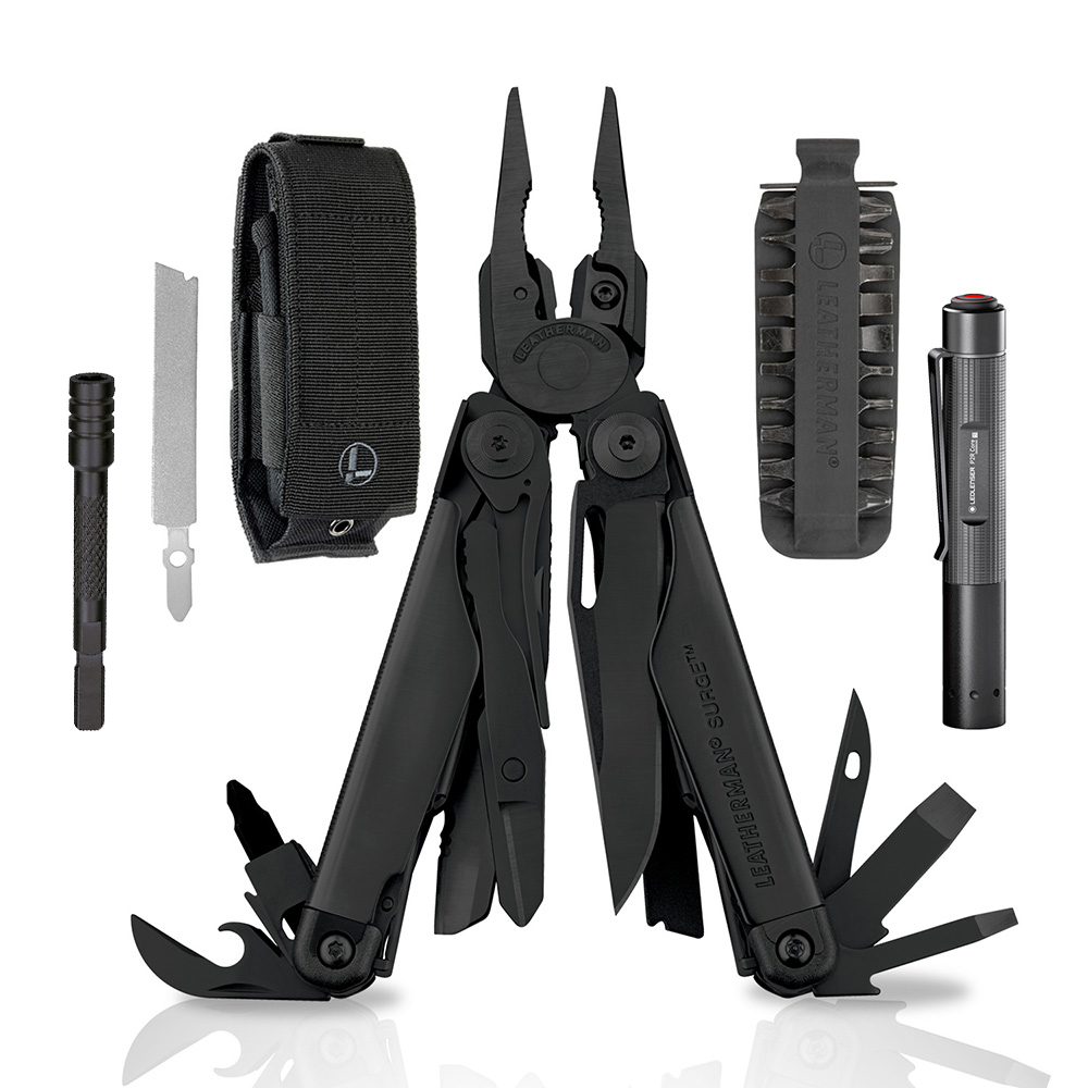 Kit de Multiherramienta SURGE Negra Leatherman con Linterna P2R Core Ledlenser