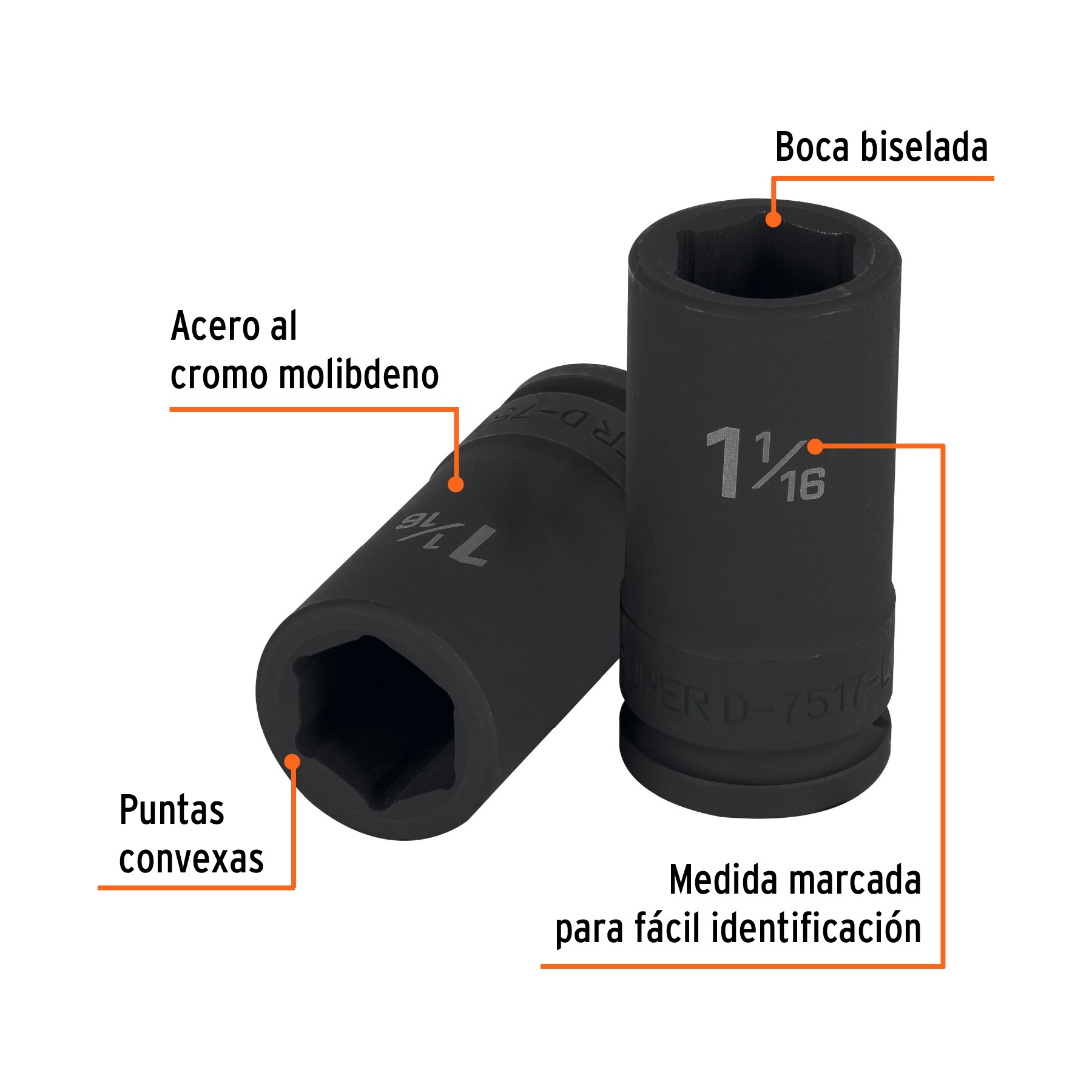 DADO LARGO DE IMPACTO DE 1-1/16", 6 PUNTAS, CUADRO 3/4" TRUPER 12435