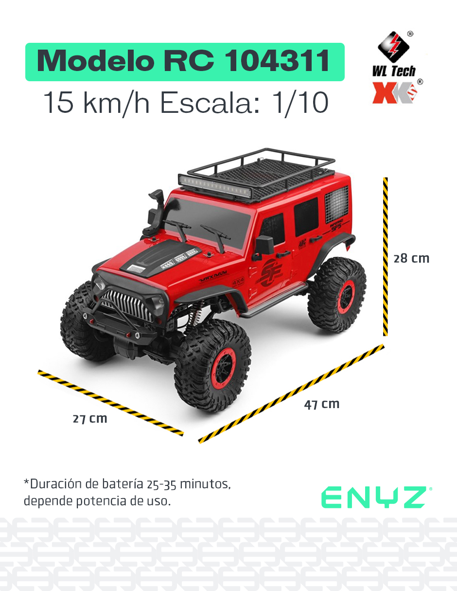 Carro Control Remoto 4x4 off-road 15Km/h 1:10 Jeep Buggy Razer RC Camioneta WLtech WLtoys 104311 rojo