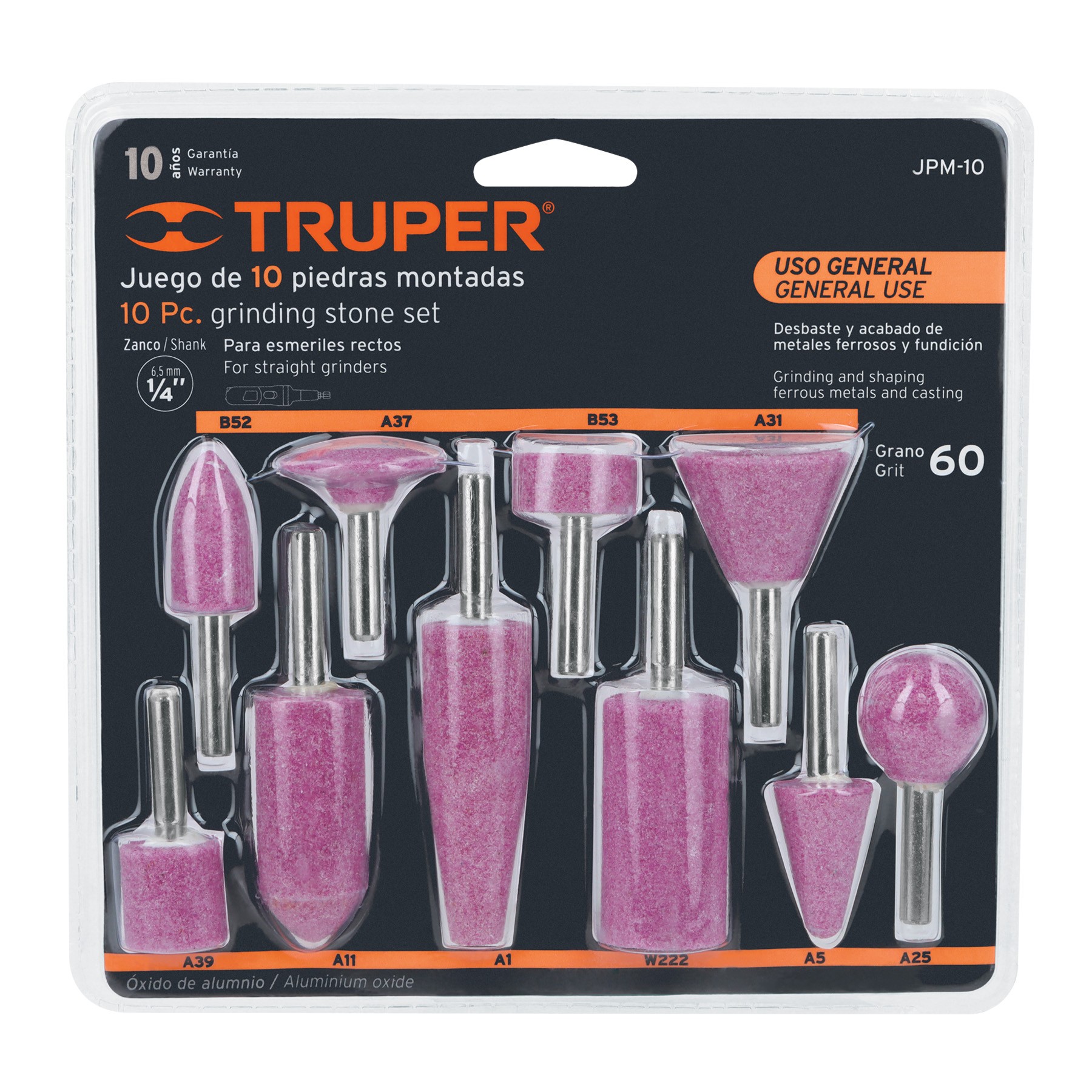 JUEGO DE 10 PIEDRAS MONTADAS ZANCO 1/4", USO GENERAL, TRUPER 12445