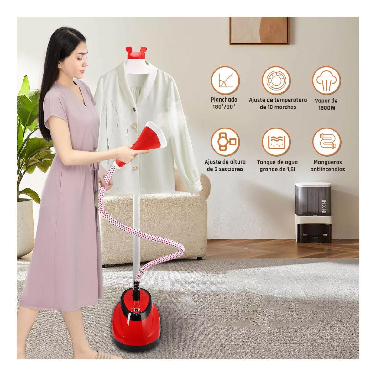 Plancha Vertical Vapor Para Ropa Desinfecta Vaporizador 2 en 1 Rojo