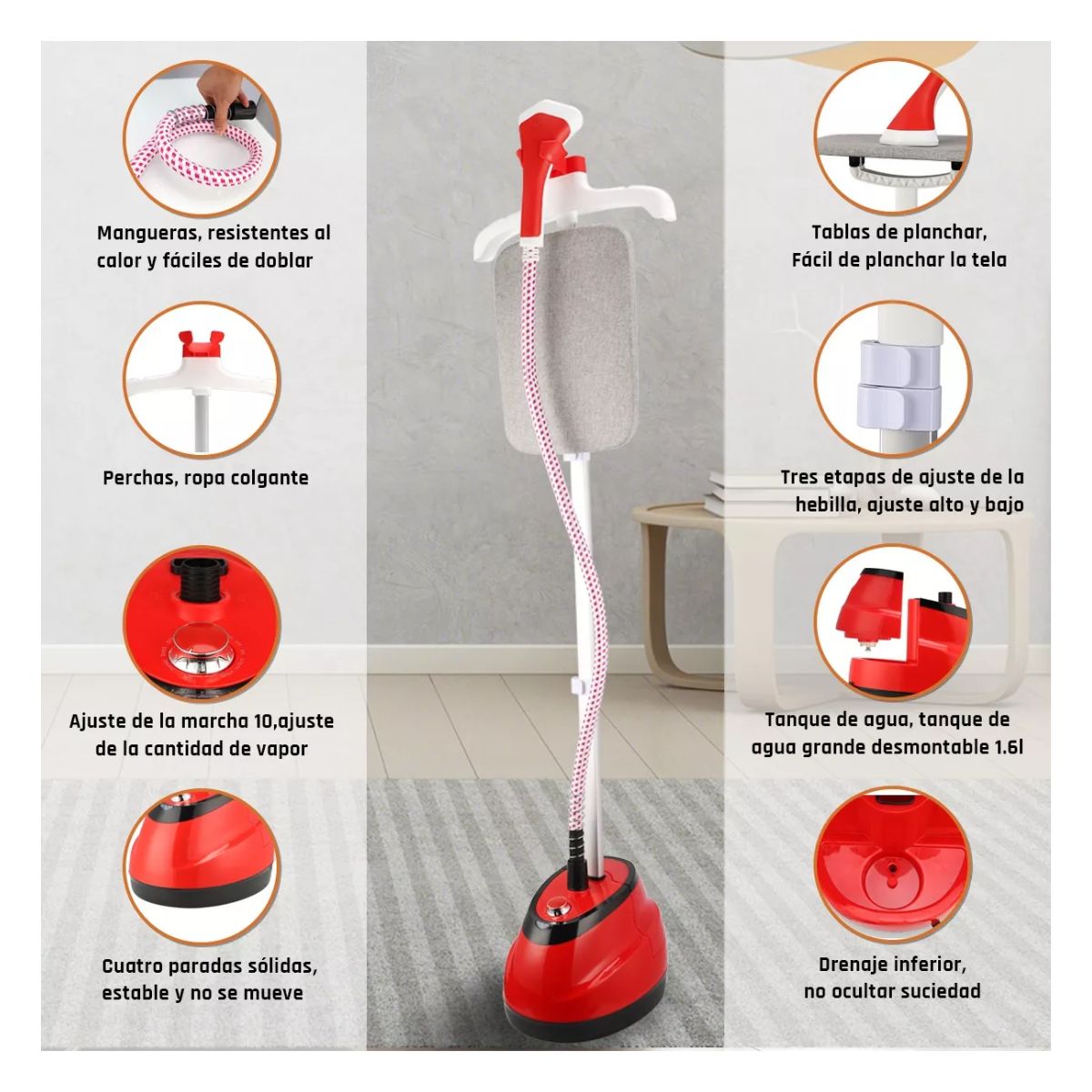 Plancha Vertical Vapor Para Ropa Desinfecta Vaporizador 2 en 1 Rojo