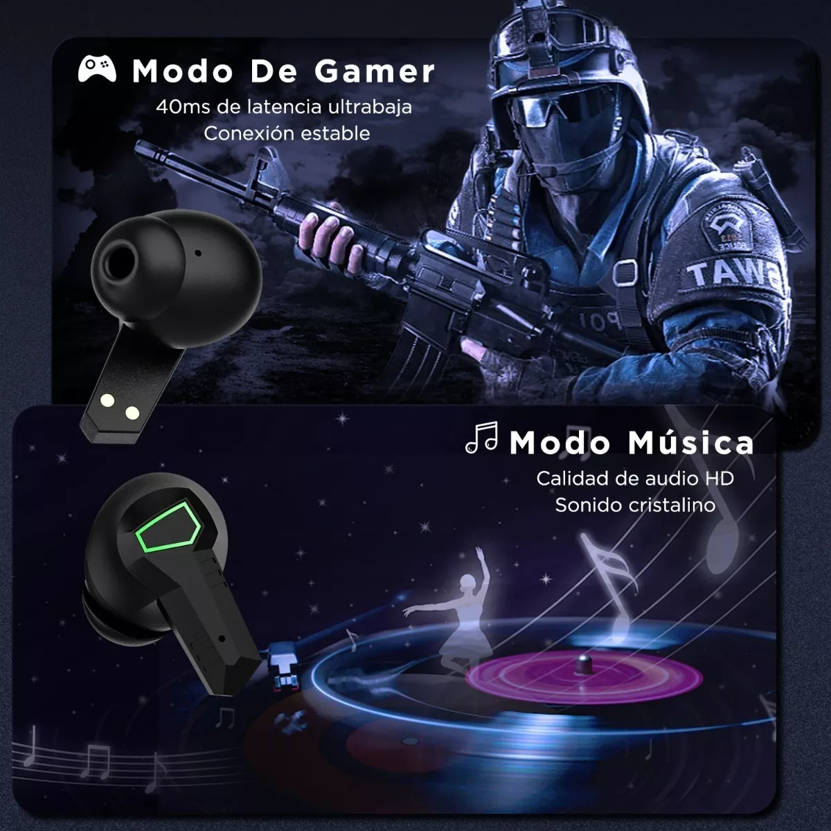Audífonos In-ear Gamer Inalámbricos Personalizados Azul Verd