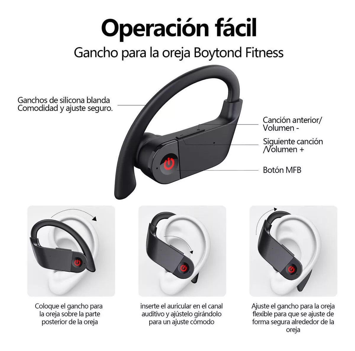 Auriculares Bluetooth con Ganchos Flexibles.