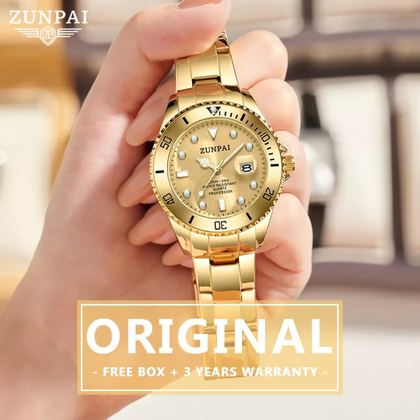Zunpai Original Reloj De Mujer Moda Dorado Acero Inoxidable
