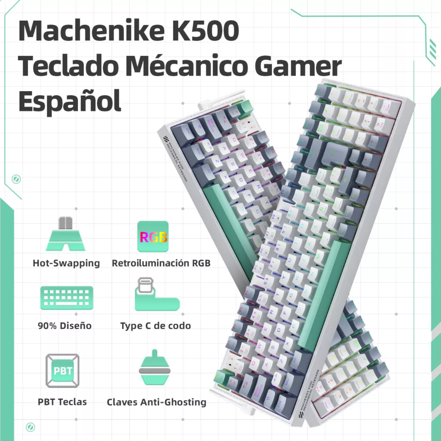 Teclado Mecánico K500 Gamer Alambrico Español Hot Swap Rgb