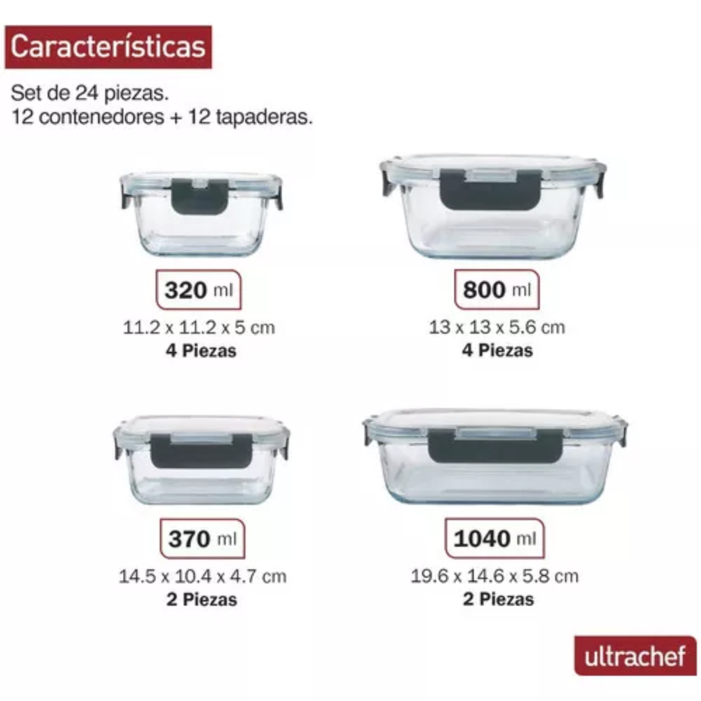Contenedores De Vidrio Herméticos Ultrachef Juego 12 Recipientes (24 Piezas)