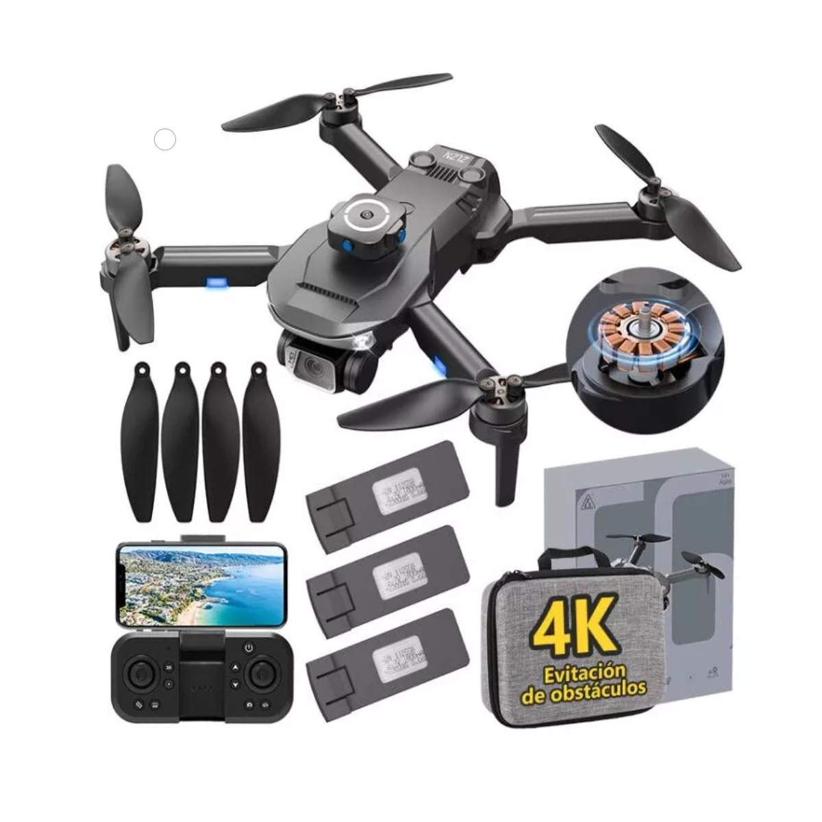 Mini drone PRO con dual cámara 4K negro 2.4GHz 3 baterías