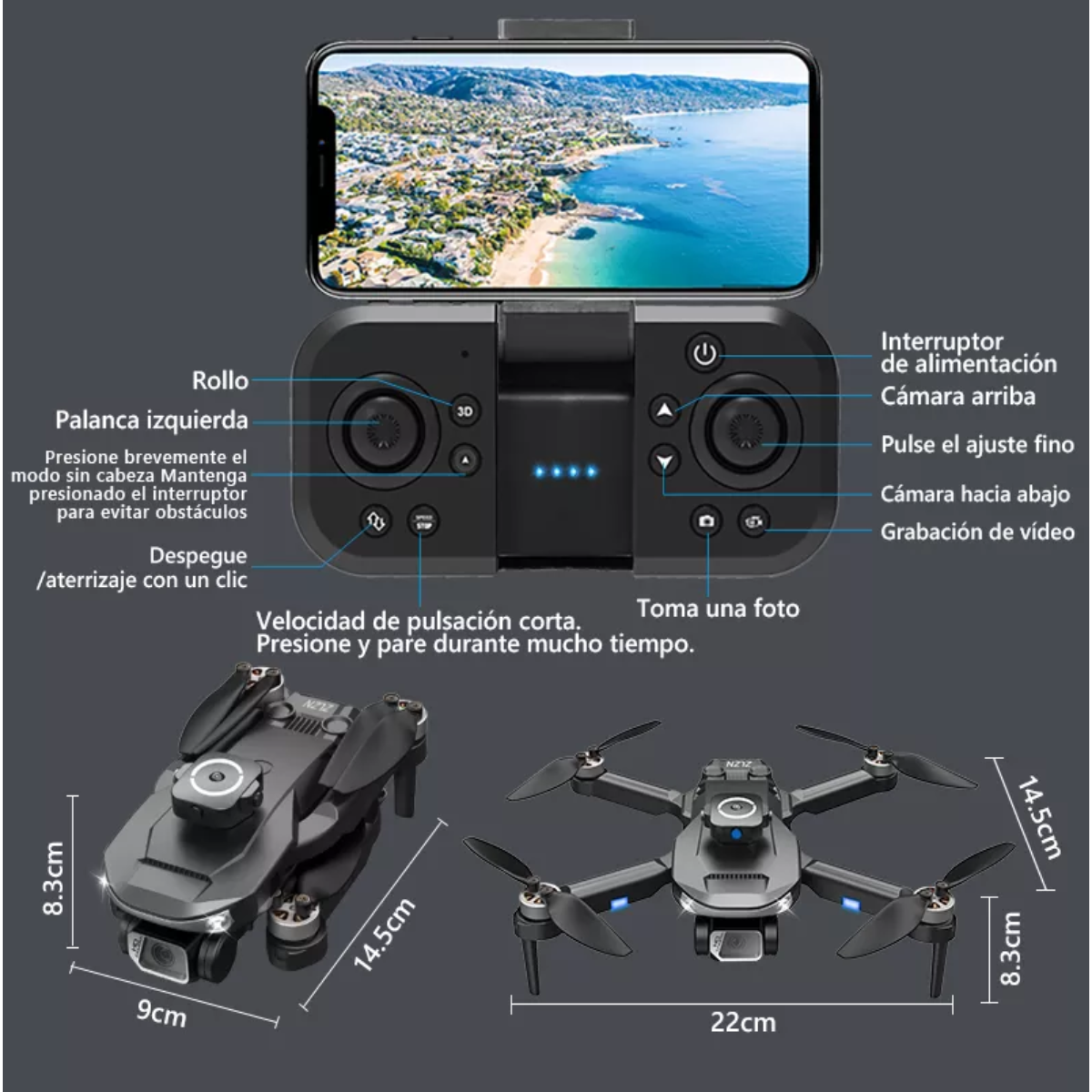 Mini drone PRO con dual cámara 4K negro 2.4GHz 3 baterías