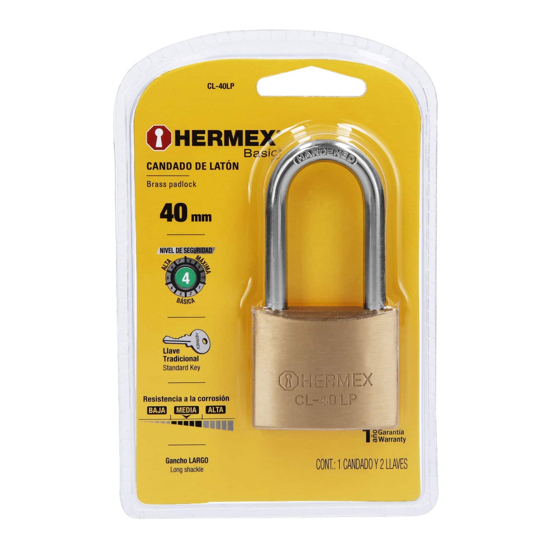 CANDADO DE LATÓN 40 MM GANCHO LARGO EN BLÍSTER, HERMEX 23517