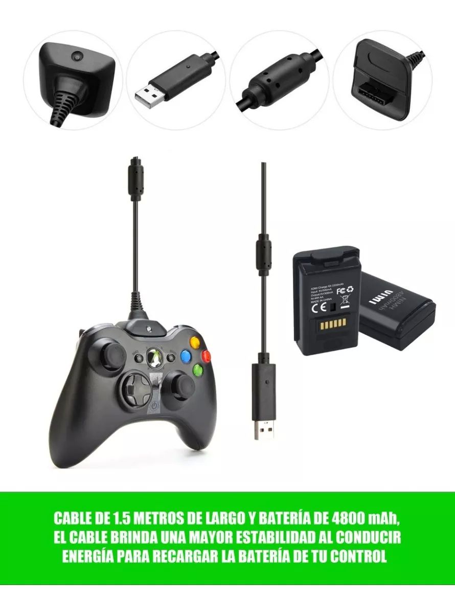 Kit Bateria Cargador Cable Carga Y Juega 4800mha Xbox 360