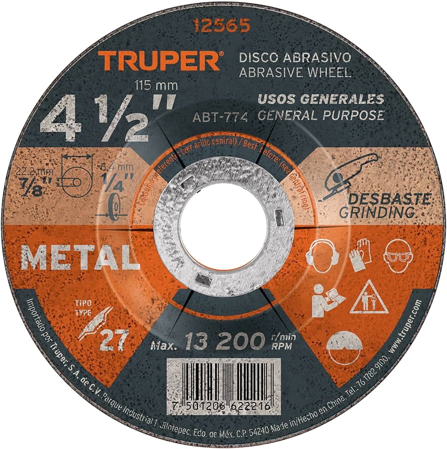DISCO TIPO 27 DE 4-1/2" X 6.4 MM PARA DESBASTE DE METAL TRUPER 12565
