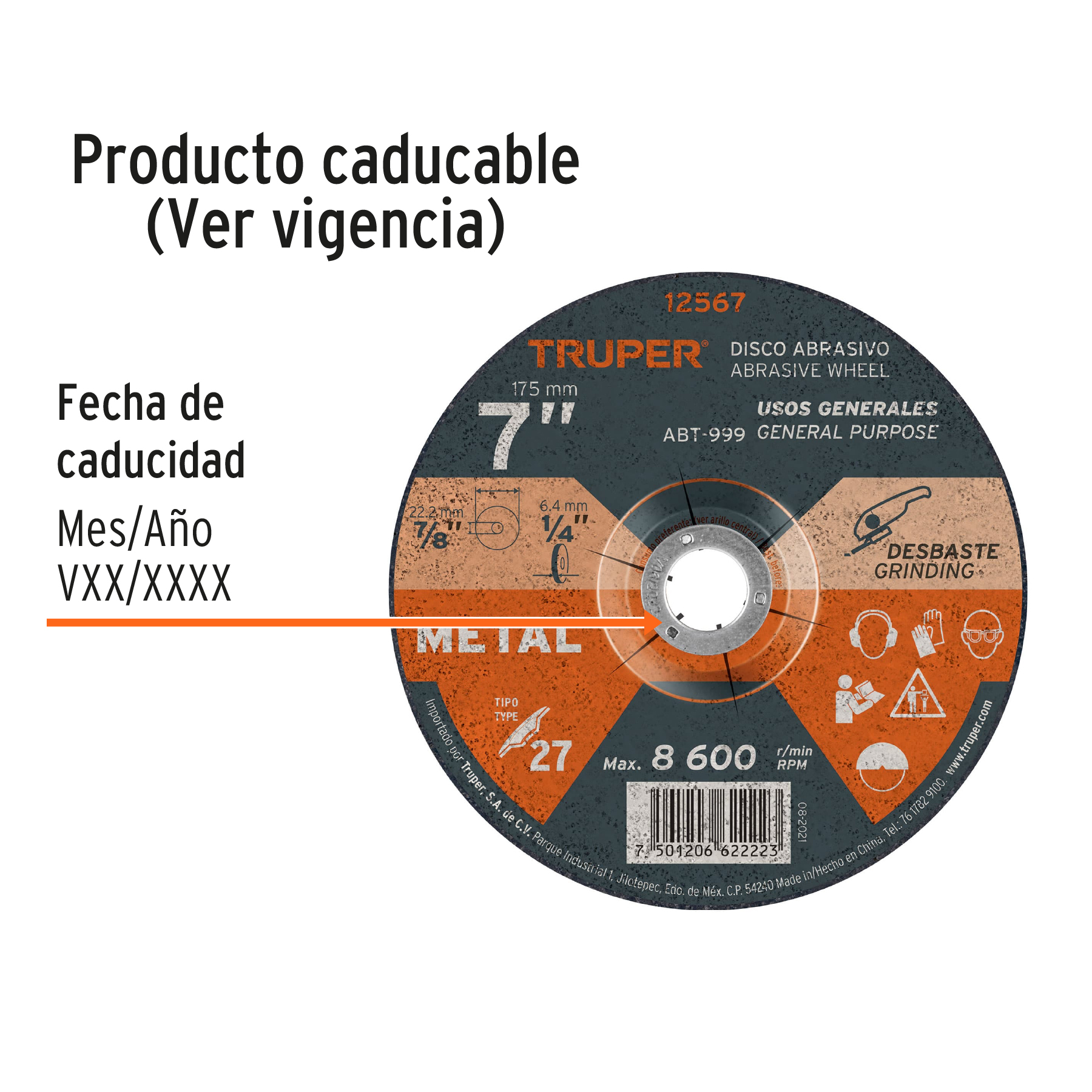 DISCO TIPO 27 DE 7" X 6.4 MM PARA DESBASTE DE METAL, TRUPER 12567