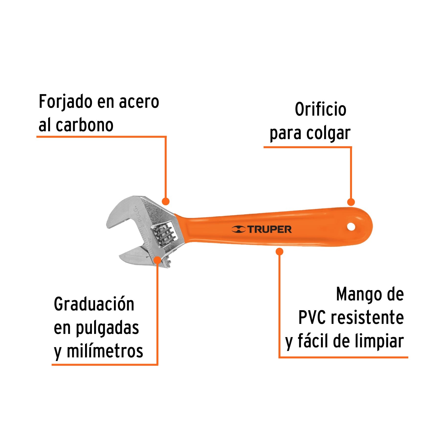 LLAVE AJUSTABLE (PERICO) 8" CROMADA MANGO DE PVC, TRUPER 15510