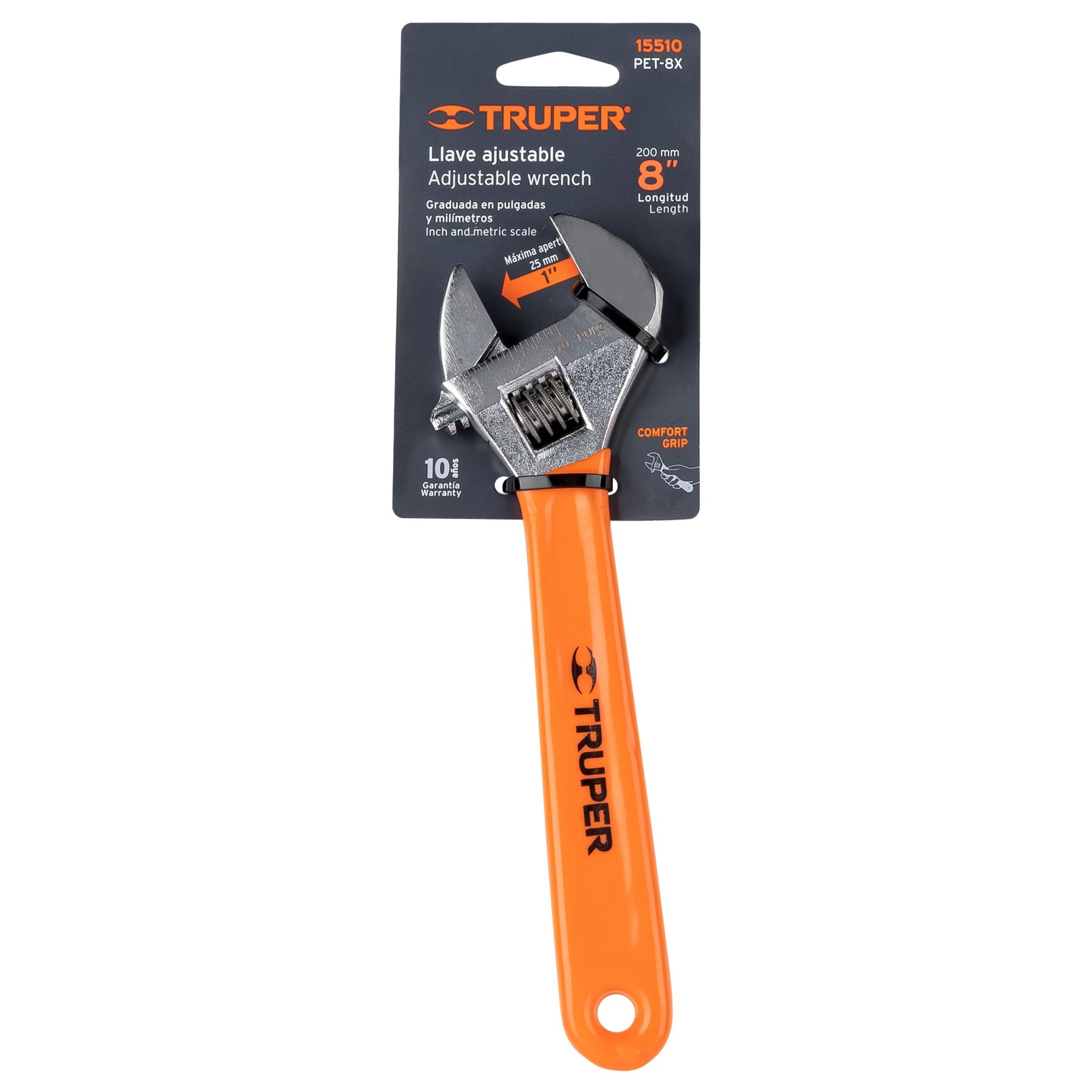 LLAVE AJUSTABLE (PERICO) 8" CROMADA MANGO DE PVC, TRUPER 15510