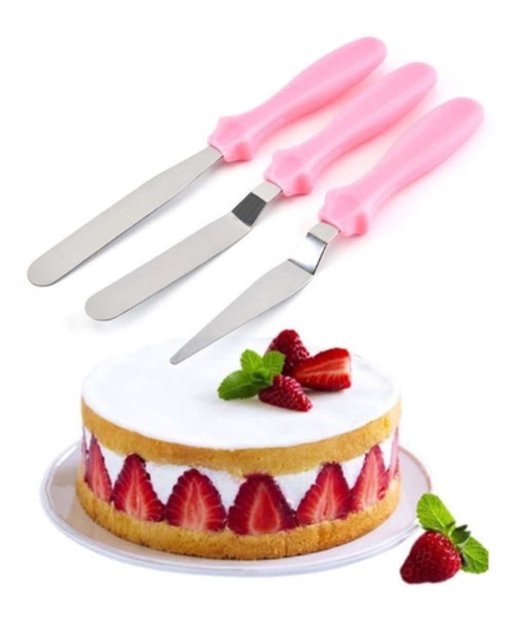 Espatula Angular Recta Punta Pastel Repostería Fondant 3 Pzs, Color Rosa con Plata