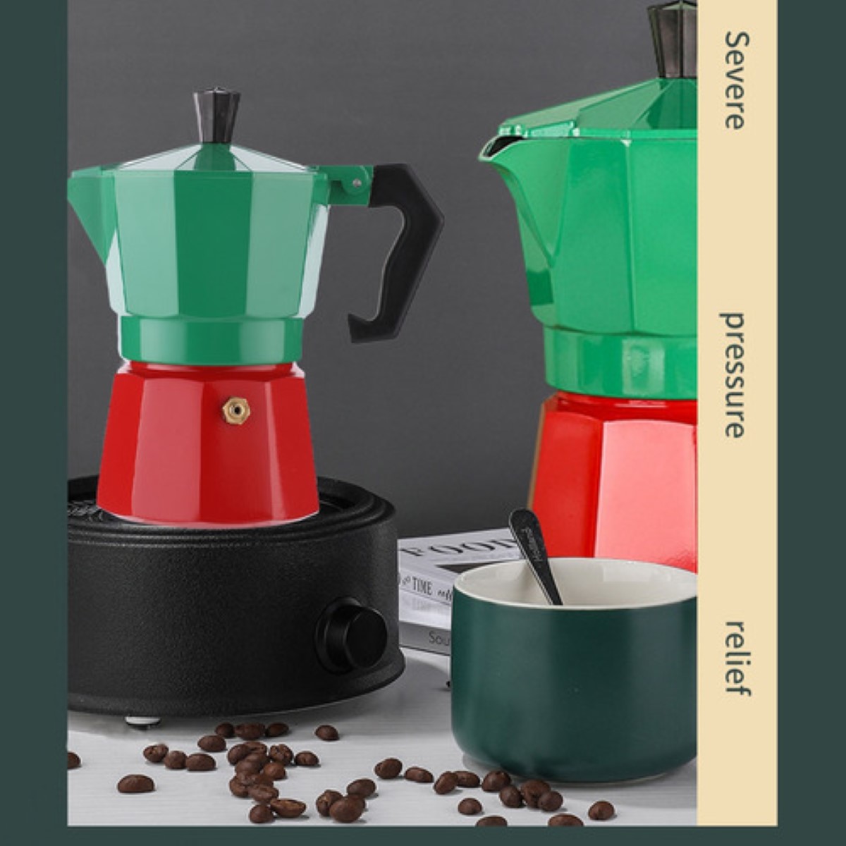 Cafetera Manual Italian 6 Tazas Aluminio, Color Verde con Rojo