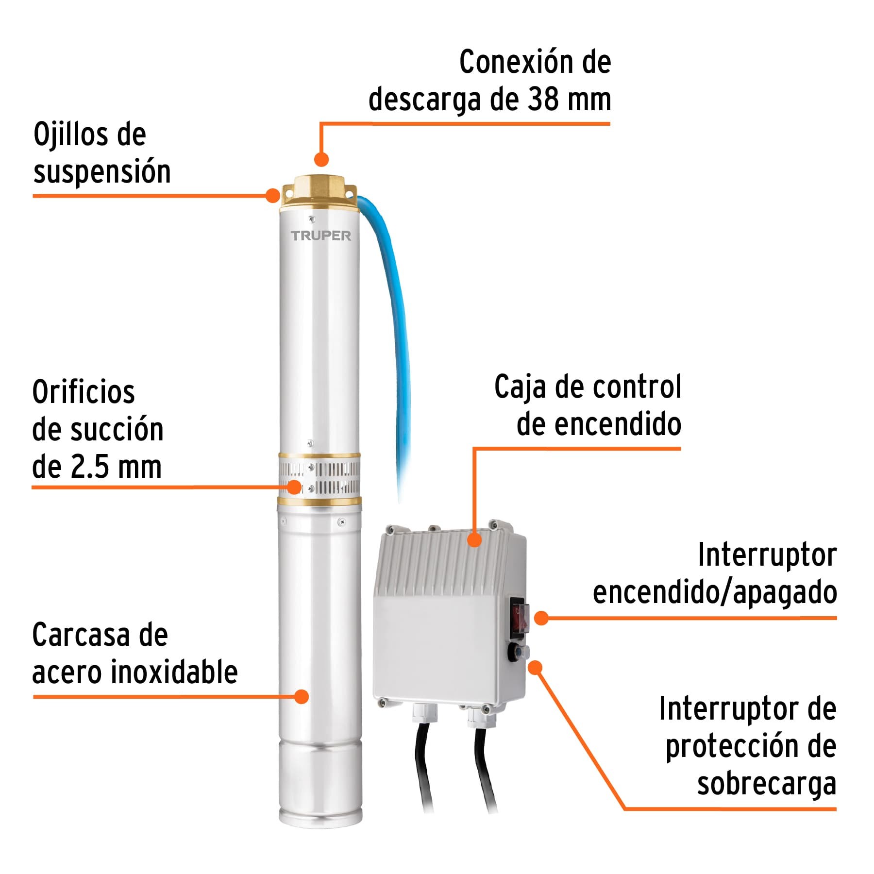 BOMBA SUMERGIBLE PARA POZO PROFUNDO, 1 HP, AGUA LIMPIA TRUPER 12625