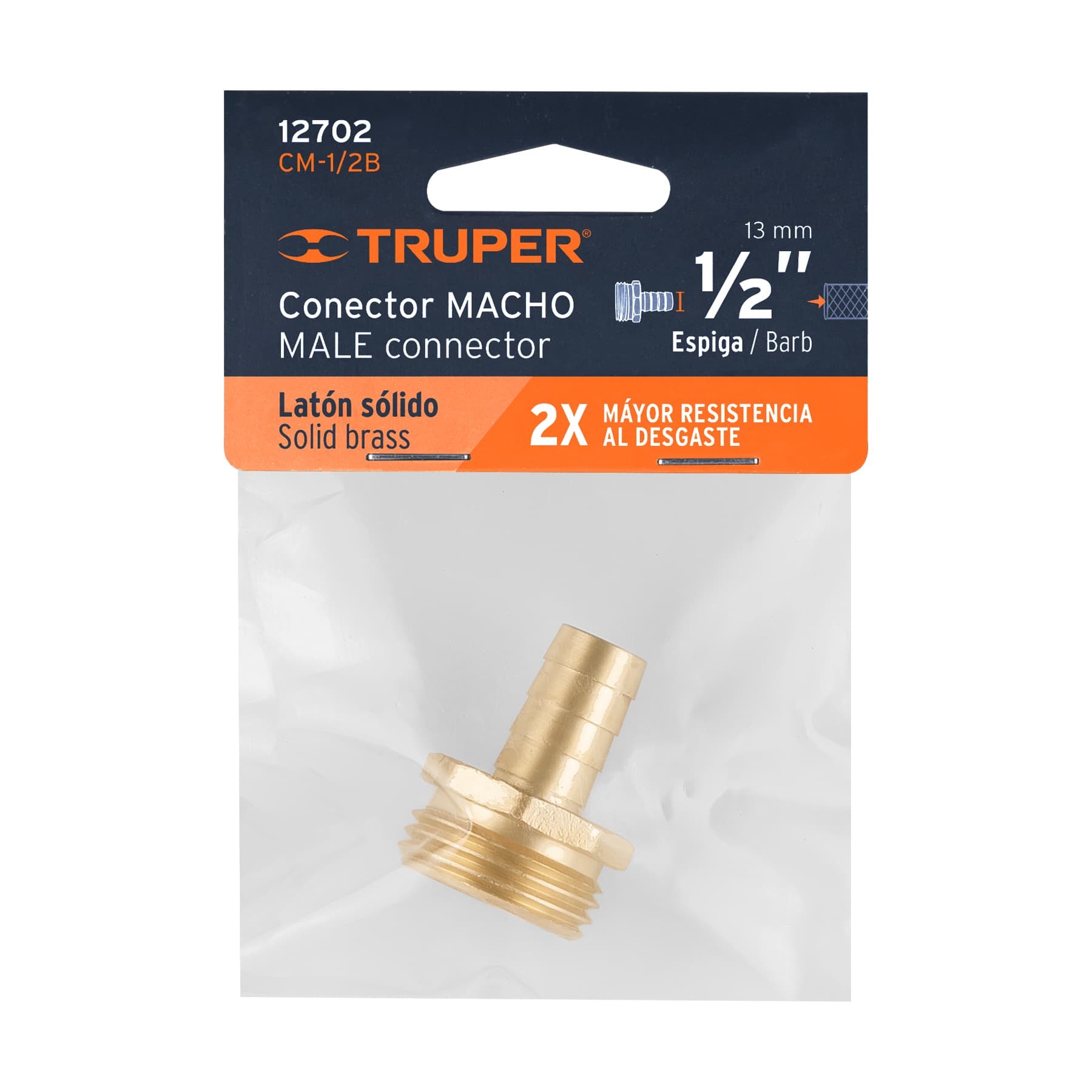 CONECTOR 1/2" MACHO DE LATÓN SÓLIDO PARA MANGUERA, TRUPER 12702