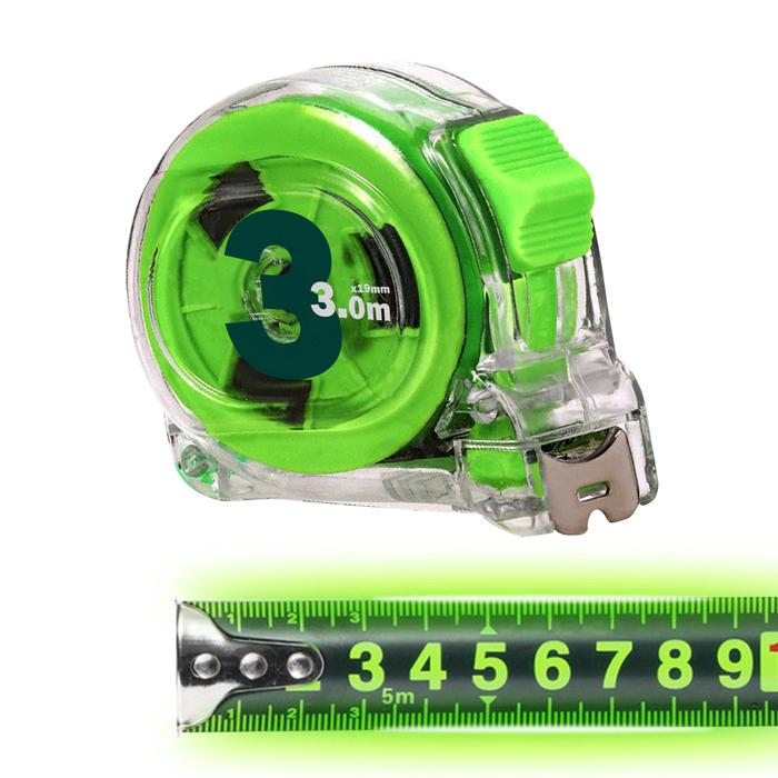 Cinta Métrica MXGGP-001-2 1 Pza 3mx19mm ABS y Acero al Carbono Transparente y Verde, GreenGlowPro