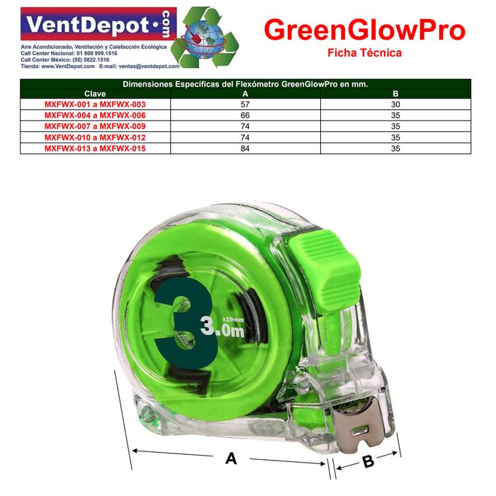 Cinta Métrica MXGGP-001-2 1 Pza 3mx19mm ABS y Acero al Carbono Transparente y Verde, GreenGlowPro