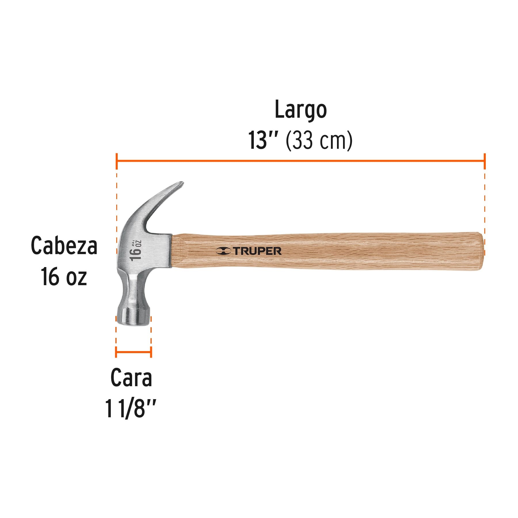MARTILLO PULIDO 16 OZ UÑA CURVA, MANGO MADERA, TRUPER 16752