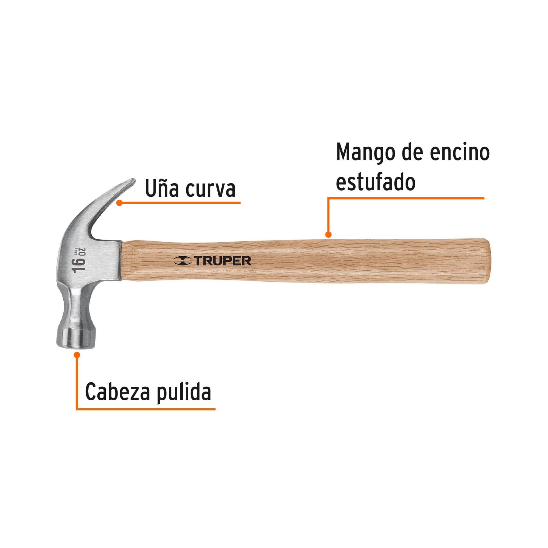 MARTILLO PULIDO 16 OZ UÑA CURVA, MANGO MADERA, TRUPER 16752