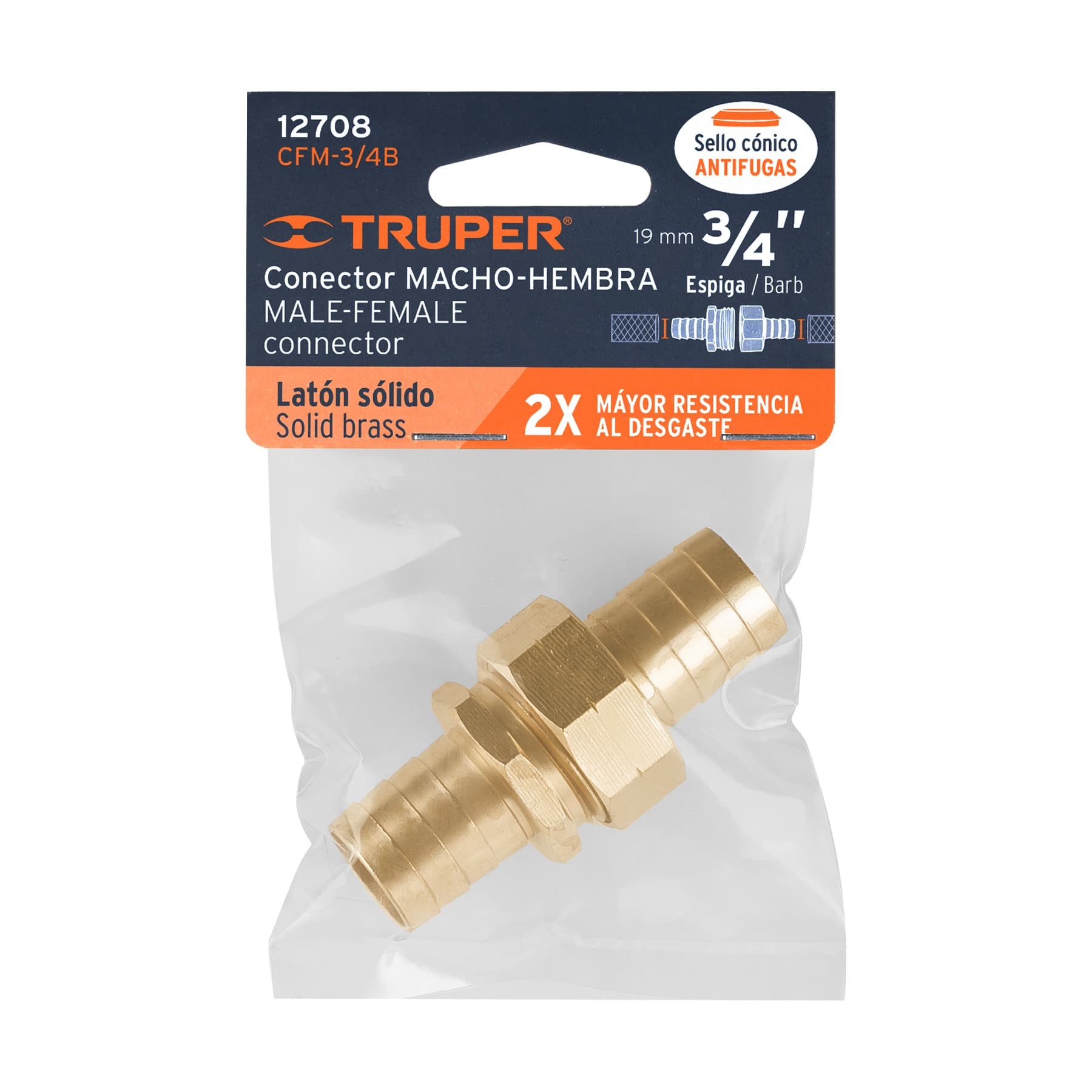 CONECTORES 3/4" MACHO Y HEMBRA DE LATÓN SÓLIDO PARA MANGUERA TRUPER 12708