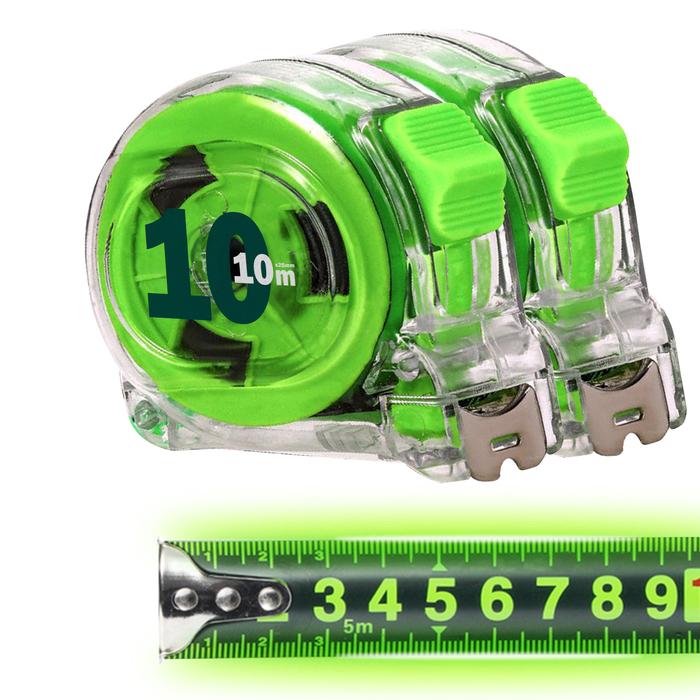 Flexómetros para Electricistas MXGGP-014-2 2 Pzas 10mx25mm ABS y Acero al Carbono Transparente y Verde, GreenGlowPro