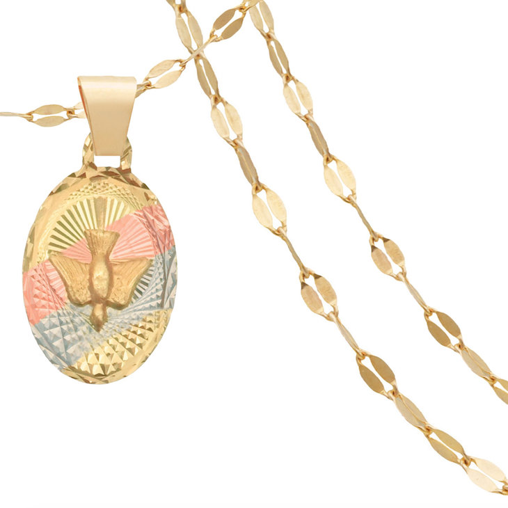 Hermosa Medalla Espíritu Santo con Cadena Oro 10 Kilates Ideal Para Bautizo o Primera Comunión. Oro Fino Joyería.