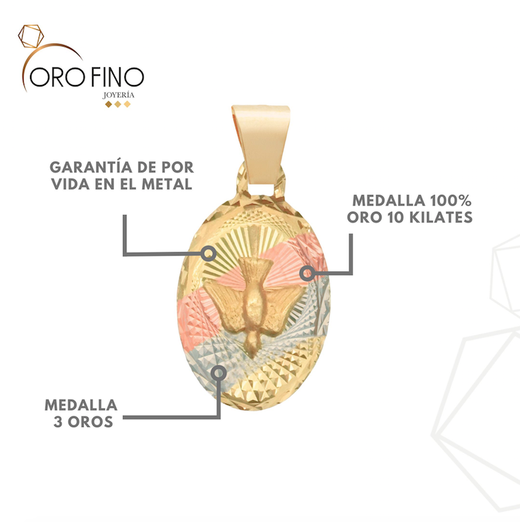 Hermosa Medalla Espíritu Santo con Cadena Oro 10 Kilates Ideal Para Bautizo o Primera Comunión. Oro Fino Joyería.