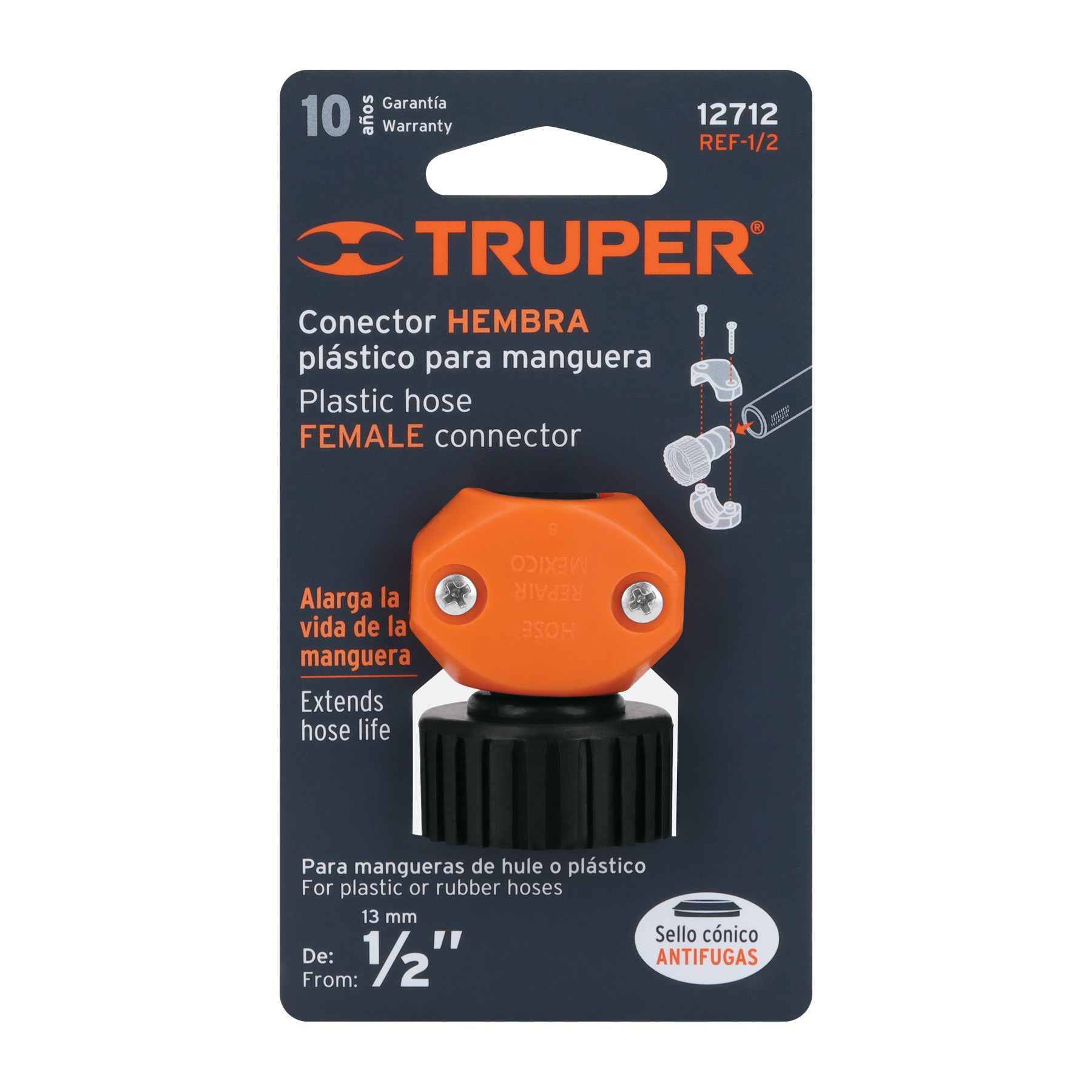 CONECTOR 1/2" HEMBRA DE ABS PARA MANGUERA, TRUPER 12712