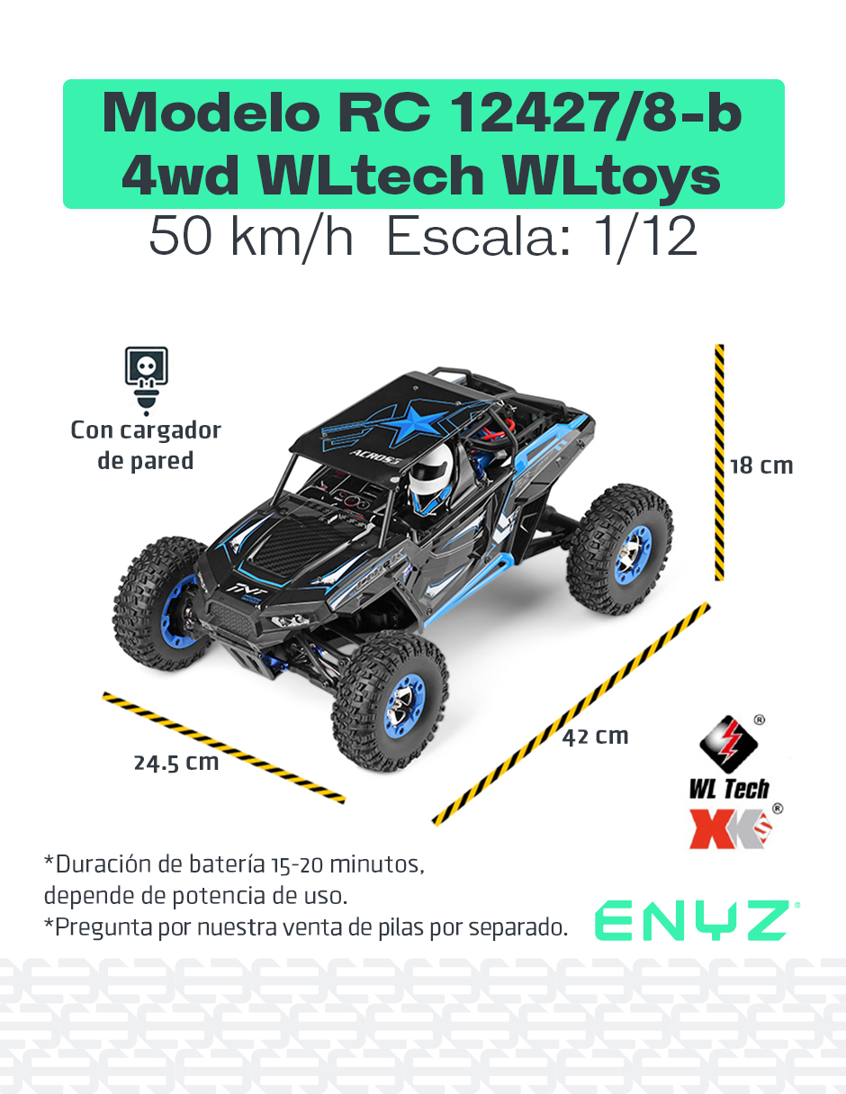 Carro Control Remoto 4x4 off road 50Km/h Buggy Jeep Razer RC Camioneta WLtech WLtoys Remote Control Car All Terrain Azul 12427/8-b