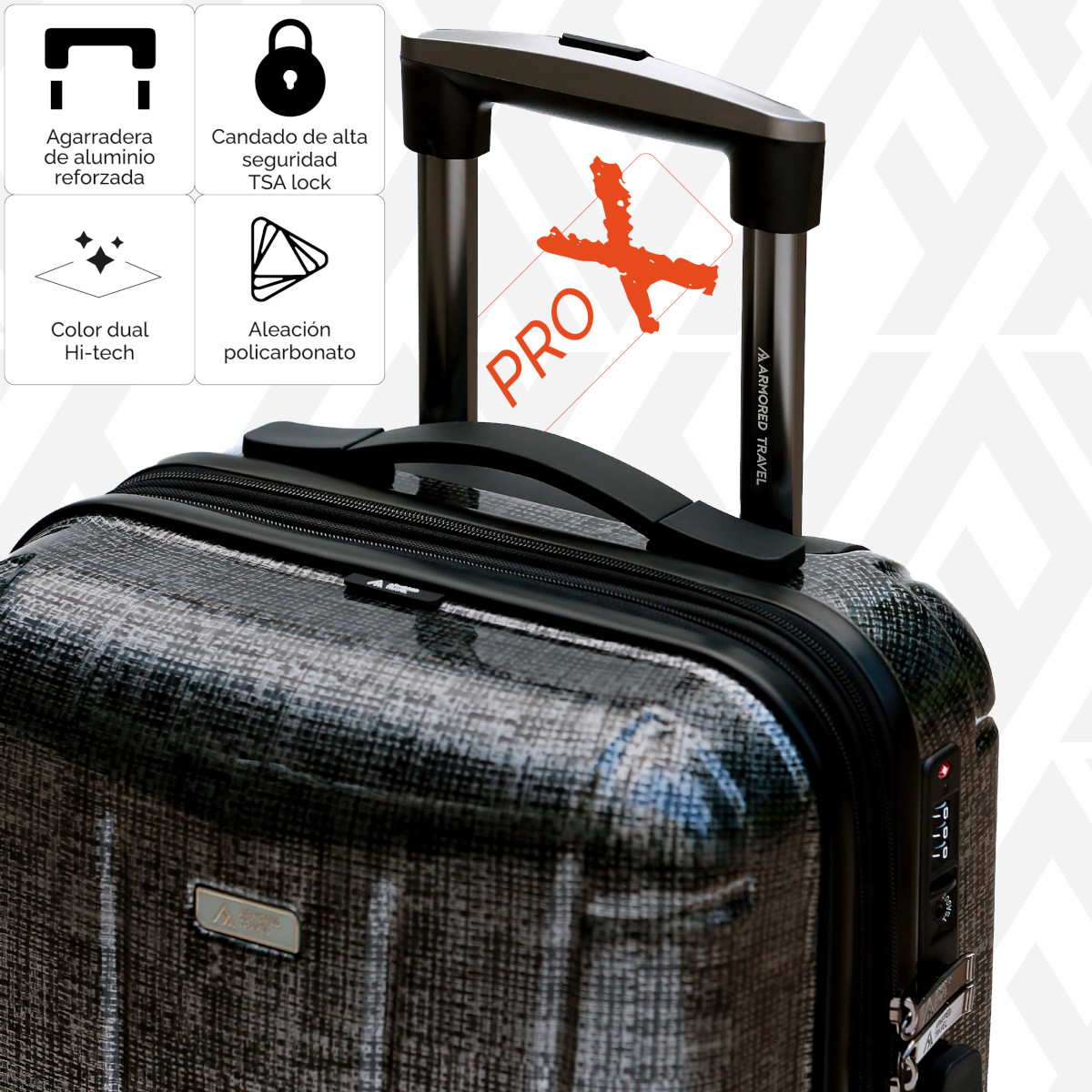Maleta de mano carry-on cabina policarbonato Pro-x Dark 20 pulgadas capacidad 10 kg rígida con cierre expandible candado de seguridad tsa-lock Armored Travel
