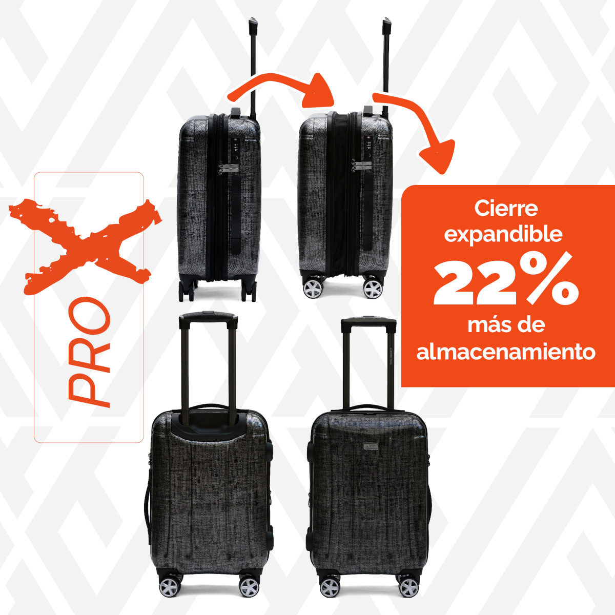 Maleta de mano carry-on cabina policarbonato Pro-x Dark 20 pulgadas capacidad 10 kg rígida con cierre expandible candado de seguridad tsa-lock Armored Travel