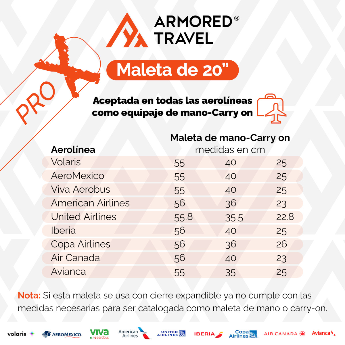 Maleta de mano carry-on cabina policarbonato Pro-x Luna 20 pulgadas capacidad 10 kg rígida con cierre expandible candado de seguridad tsa-lock Armored Travel