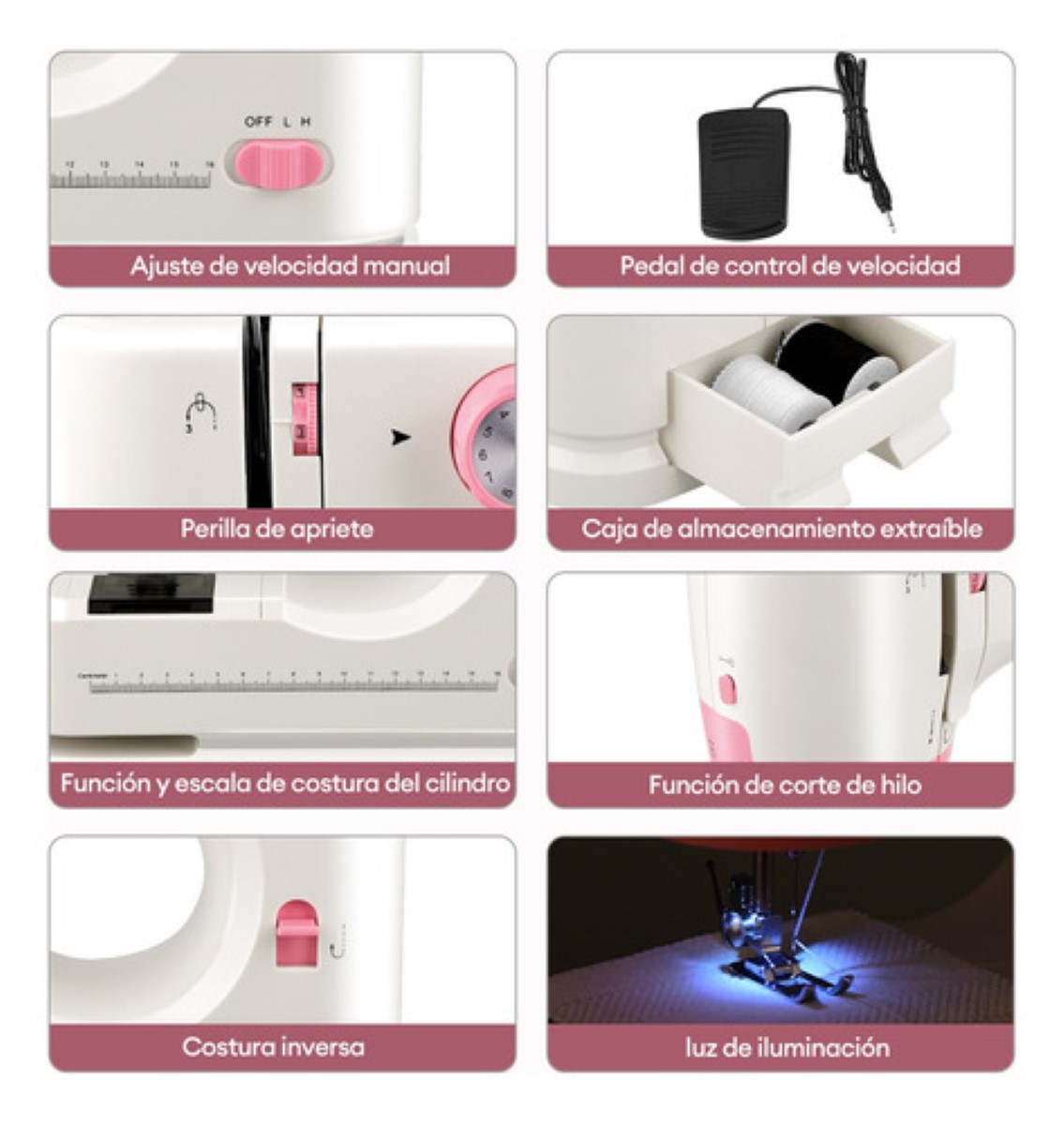 Máquina De Coser Eléctrica Portátil Doméstico De 12 Puntadas, Color Blanco con Rosa.