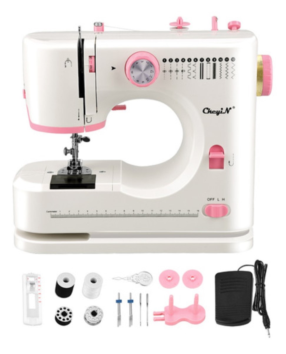 Máquina De Coser Eléctrica Portátil Doméstico De 12 Puntadas, Color Blanco con Rosa.